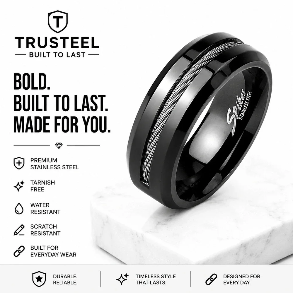 Mens 316L Stainless Steel Ring Comfort Fit Black with cable 8mm Size 10